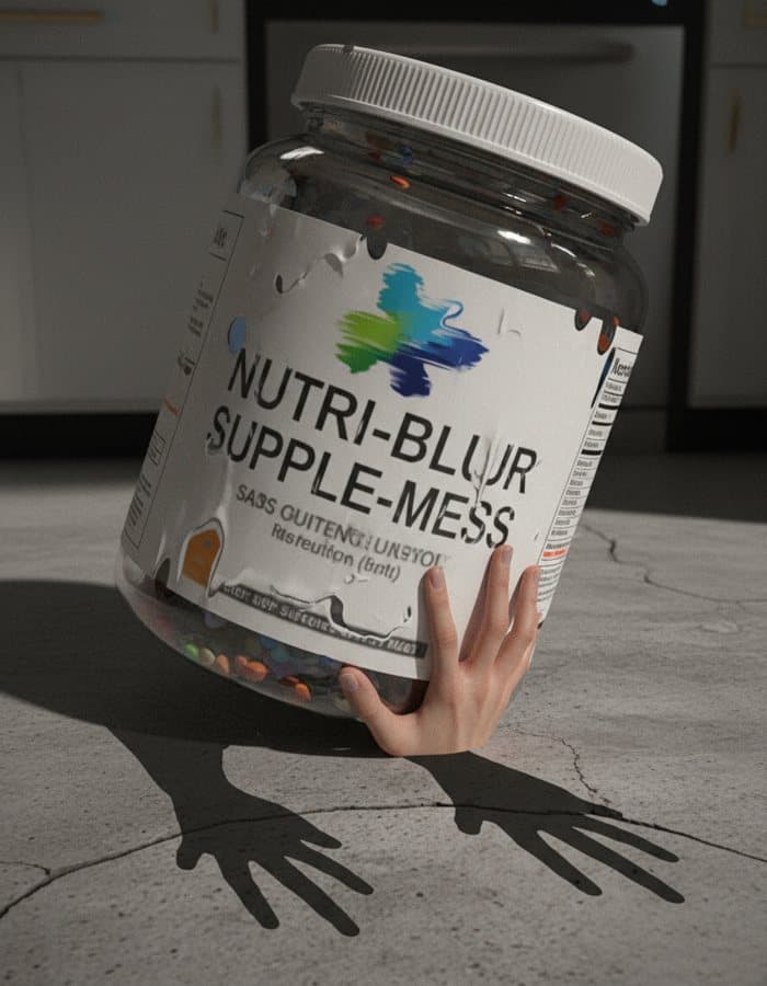 AI fail: product at wrong scale with a melted unreadable label