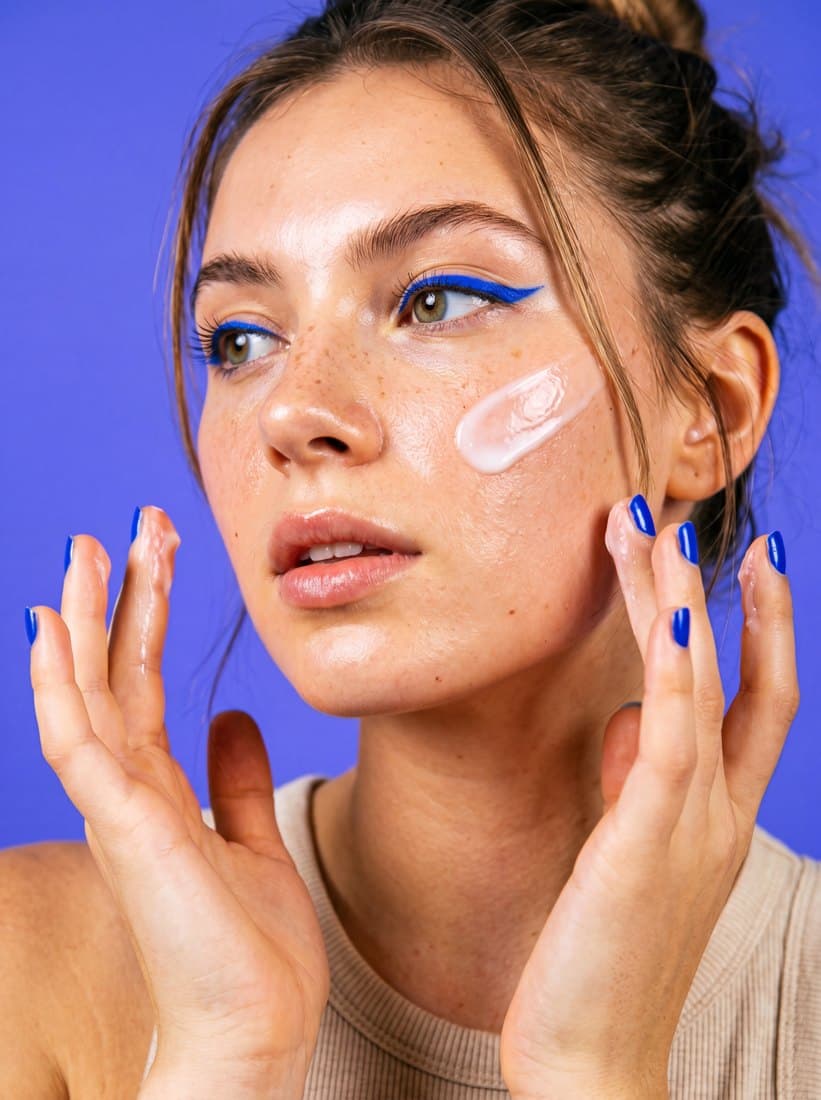 Beauty application detail, product held mid-use with packaging readable