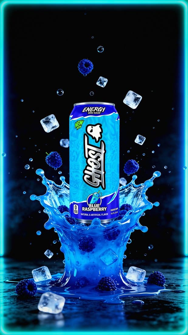 Product hero frozen mid-splash, droplets suspended against a dark set